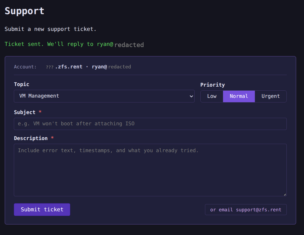 new support ticket page